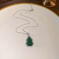 Elegant silver-plated chain necklace with green jade gourd pendant and zircon inlay - Green Zircon Gourd Necklace / Green/Silver