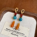 Bohemian style drop earrings with red agate beads and turquoise details on canvas background - Gold-Coffee (S925 Silver Pin)