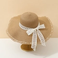 Close-up of wide brim straw hat with daisy lace ribbon and white pearl trim on edges - Adult 55-58cm / Khaki