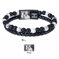 Double-layer beaded map stone and black leather bracelet with custom photo magnetic clasp - Style 8 (Custom Photo)