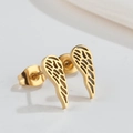Retro hollow feather wing stud earrings in golden finish with minimalist metal texture - 516 Gold (Wings)