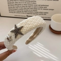 Beige woven wide headband with sparkling star rhinestones in French retro style - Pentagram Rhinestone / White Star Rhinestone
