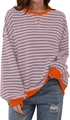 Detail of round neck and ribbed cuffs on orange striped long sleeve oversized sweatshirt - S / Orange Blue