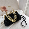 French pleated black handbag with vintage gold handle and chunky chain strap for women - Black