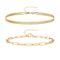 Gold layered bracelet set featuring a classic herringbone chain and paperclip link design - Golden Herringbone and Paperclip Chain Set