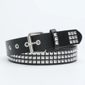 Punk black leather belt with three rows of silver square rivets and metal pin buckle - Black / Length 105cm Width 3.3cm