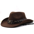 Dettaglio cappello da cowboy in feltro marrone con fascia in pelle e borchie metalliche - M(56-58CM) Regolabile / caffè