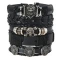 Bracciale multistrato uomo in pelle intrecciata con ciondoli in metallo lupo e teschio - Stile a Strati Nero