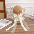 Brown straw sun hat with white lace trim and pink tulip bow detail for little girls - Tulip Bow - Khaki