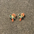 Festive candy cane stud earrings with green leaf detail and golden finish for Christmas - A138-52 Candy Cane w/ Leaf