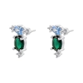 Macro detail of silver studs with blue and green oval stones and floral design - VE1336 Silver 1 Pair