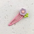 Detail of pink metal hair clip with purple resin flower and green leaf ornament - 3# Purple Flower Snap Clip (1PC)