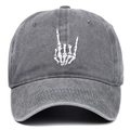 Close-up of rock bone embroidery on washed cotton grey baseball cap with fine stitching - One Size / Gray