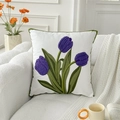 French floral white throw pillow with purple tulip embroidery and green piping trim - 3 Purple Tulips (Cover Only)