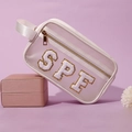 Beauty case in PVC bianco trasparente con patch SPF in ciniglia e cerniera oro - Borsa Bianca (SPF)