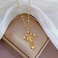 Luxurious gold-tone cross pendant necklace with sparkling cubic zirconia on white silk - Clear Zircon Cross Style (D211)