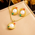 Goldschmuck-Set mit Perlen und bunten Edelsteinen, Halskette und Ohrringe Set - Rot Grün Edelstein Perle Halskette Ohrring Set (N2901)