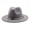 Detail of dark grey wool felt fedora featuring a braided band and wide stiff brim - Light Gray
