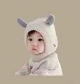 Toddler knitted balaclava hat in cream white with gray animal ears for winter warmth - Embroidered Double Ears Beige (2 Months - 2 Years Old)