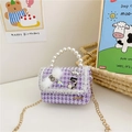 Purple houndstooth mini crossbody bag with pearl handle and golden chain for girls - Purple