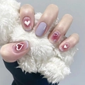 Sweet pink blush ombre press-on nails with 3D heart charms and purple french tips - HY260 Purple Heart Glossy