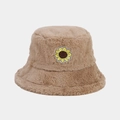 Damen Plüsch Anglerhut mit Sonnenblumen-Patch in Khaki für Herbst und Winter Wärme - M (56-58cm) / Khaki