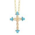 Collana a croce dorata con gemme turchesi a goccia e zirconi su una catena Figaro - Turchese