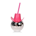 Silver disco ball cup with pink cowboy hat lid and pink straw on white background - 600ml / Rose Red Cowboy Hat