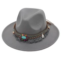 Close-up of bohemian fedora hat featuring colorful beads and turquoise stone detailing - Kids One Size (54cm) / Gray