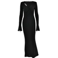 Vestido largo negro sexy de manga larga con hombro descubierto y detalles plisados en maniquí - S / Negro
