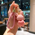 Cute handmade pink knitted bunny keychain holding a heart with a braided strap accessory - Rabbit (B255-8) / Single Piece / Pink