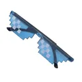 Detail view of blue pixel art mosaic sunglasses with white square patterns on lens - Double Row Blue
