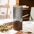 Cylindrical grey ribbed glass vase with dark wood base, 25cm height for home decoration - Stripe Smoke Grey Gold Rim With Wood Base