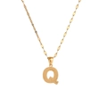 Close-up of golden letter Q pendant with textured finish on a thin stainless steel chain - Letter Q