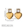 Golden heart stud earrings with sparkling round zircon crystal in a polished finish - Gold Heart Stud with Zircon (BYED240612-1)