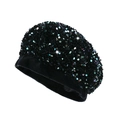 Sparkly black sequined beret hat for women with velvet trim on a clean white backdrop - M (56-58cm) / Teal