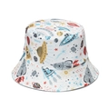 White fisherman sun hat with colorful space galaxy patterns including rockets and planets - M (56-58cm) / White Cartoon Space Ship Print (H)