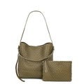 Olive green woven PU leather tote bag with matching inner pouch two-piece set - Olive Green