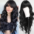 Detailed view of long wavy black synthetic hair wig with neat bangs on model and mannequin - Black