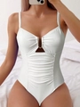Close-up of white one-piece swimsuit with metal U-detail and waist pleats - S / Top And Bottom / U-Neck White
