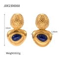 Golden stainless steel heart earrings with blue gemstone inlay and texture details - Blue Gemstone Heart Style (JDE2306068)