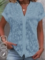 Women's blue short sleeve lace shirt with V-neck embroidery and soft cotton fabric - S / Blue