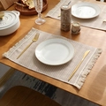 French style linen placemat with beige checkered pattern and fringe edges - Large Grid