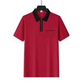 Detailansicht eines tiefroten Poloshirts mit schwarzem Kontrastkragen und Reißverschluss - Rot/Schwarz
