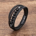 Multi-layer woven leather bracelet with black agate beads and magnetic clasp - Style 11 (Black Agate)