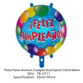 Blue round foil balloon with red Feliz Cumpleaños text and colorful patterns, 45cm size - Round Spanish Birthday Balloon
