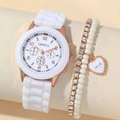 Coffret montre femme or rose avec bracelet silicone blanc et duo de bracelets perles - Ensemble bracelet perle montre blanche GENEVA (3008)