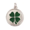 Silver-plated copper round charm with green four-leaf clover enamel for DIY jewelry - White Gold Round Green Clover