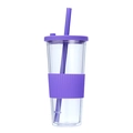 Clear double wall plastic tumbler with purple lid straw and silicone sleeve detail shot - 24oz / Deep purple