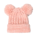 Close-up of pink knit baby hat with white mix texture and two large cute fluffy pom-poms - Dusty Pink